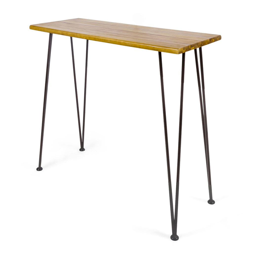 Dione Outdoor Industrial Acacia Wood Bar Set With Metal Frame And Slat Paneling - Brown