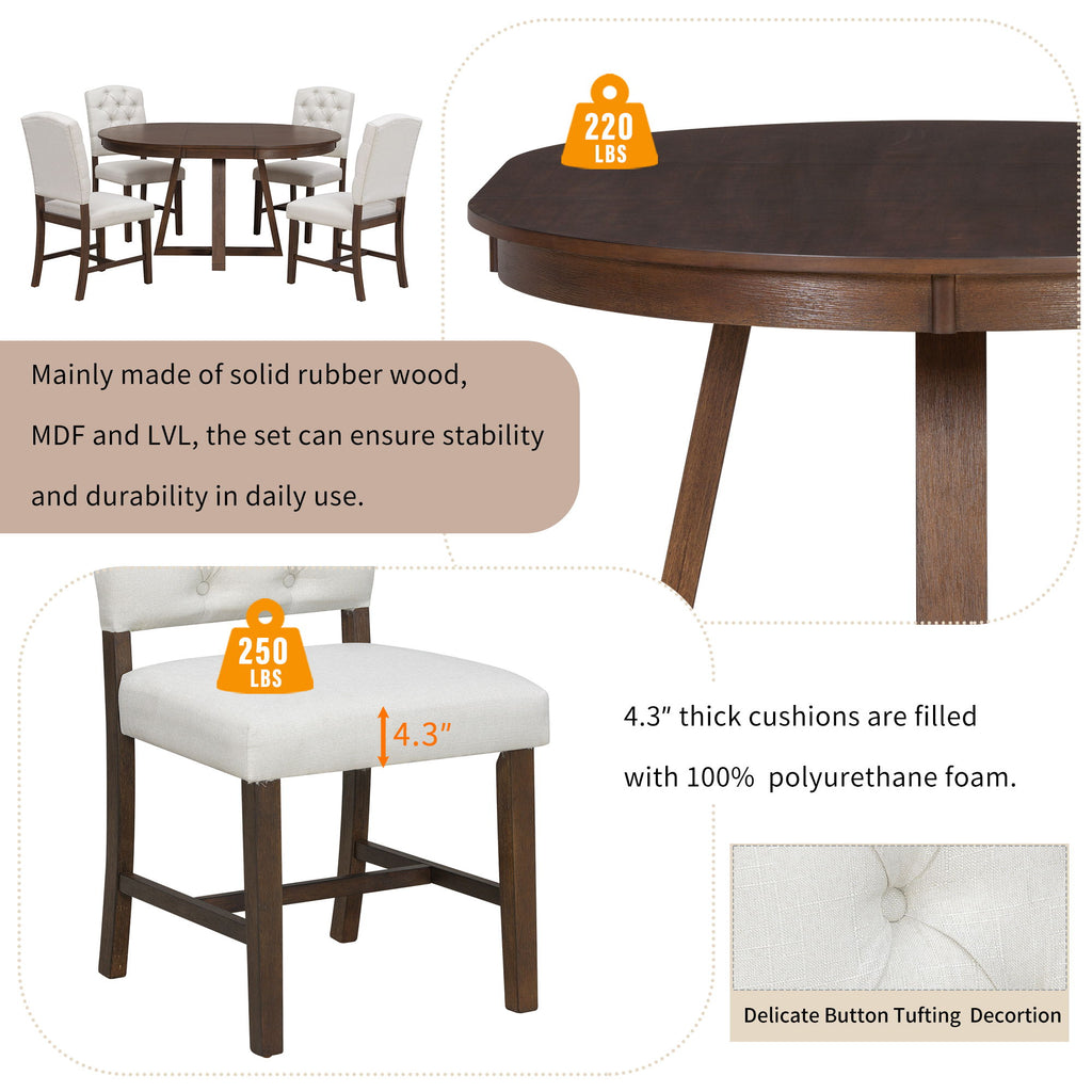 Dining Set With Leaf Round Table And 4 Upholstered Chairs