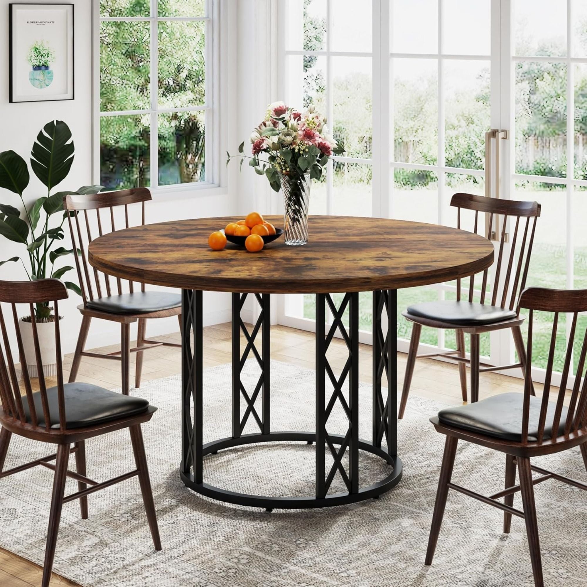 Round Dining Table With Circle Base - Brown / Black