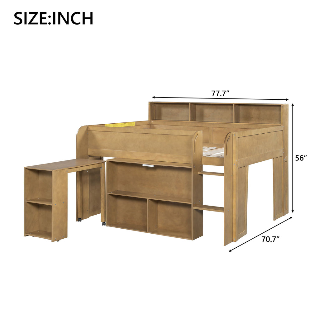 Loft Bed With Built-In Desk, LED Lighting, And Multiple Storage Shelves
