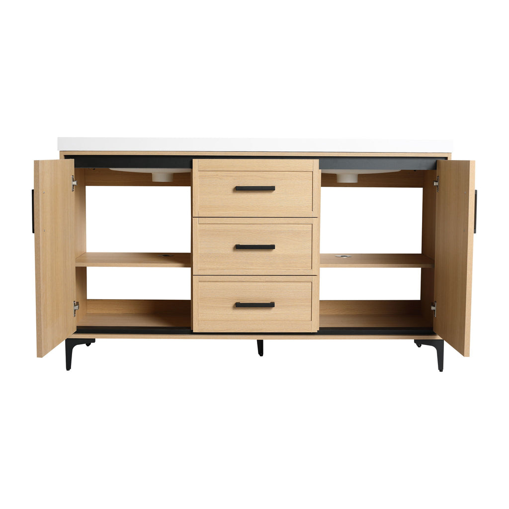 Original 60" Freestanding Bathroom Vanity With Double Resin Sink Plywood Soft Closing Doors & Drawers - Oak