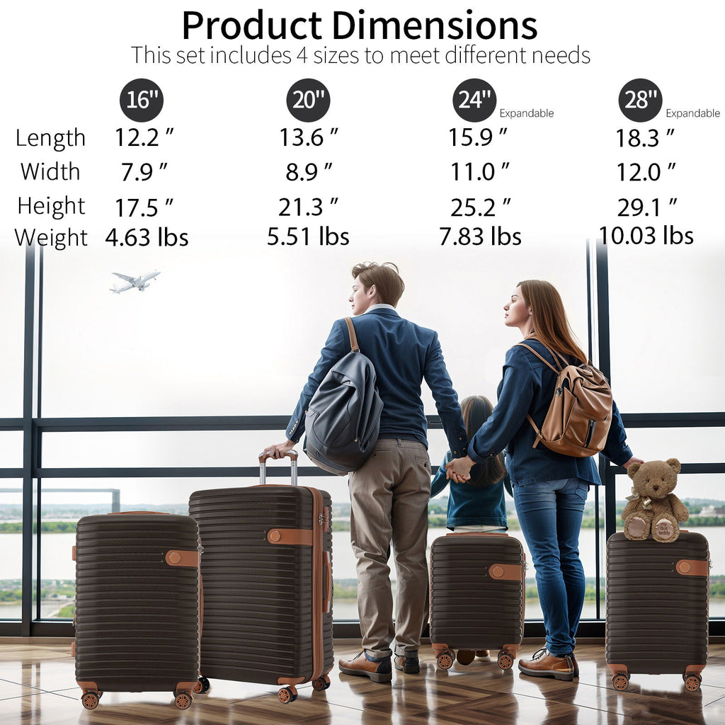 4 Piece Luggage Set Suitcase Set, Abs Hard Shell Lightweight Expandable Travel Luggage With 4 Packing Cubes, Tsa Lock, Spinner Wheels (16 / 20 / 24 / 28) - Coffee