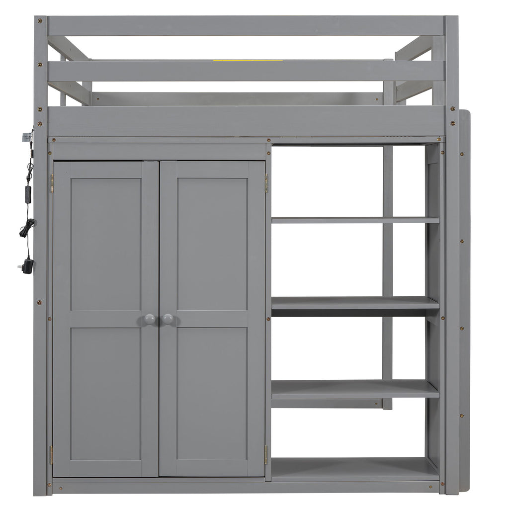 Loft Bed With Built In Wardrobe, Storage Shelves, And LED Light