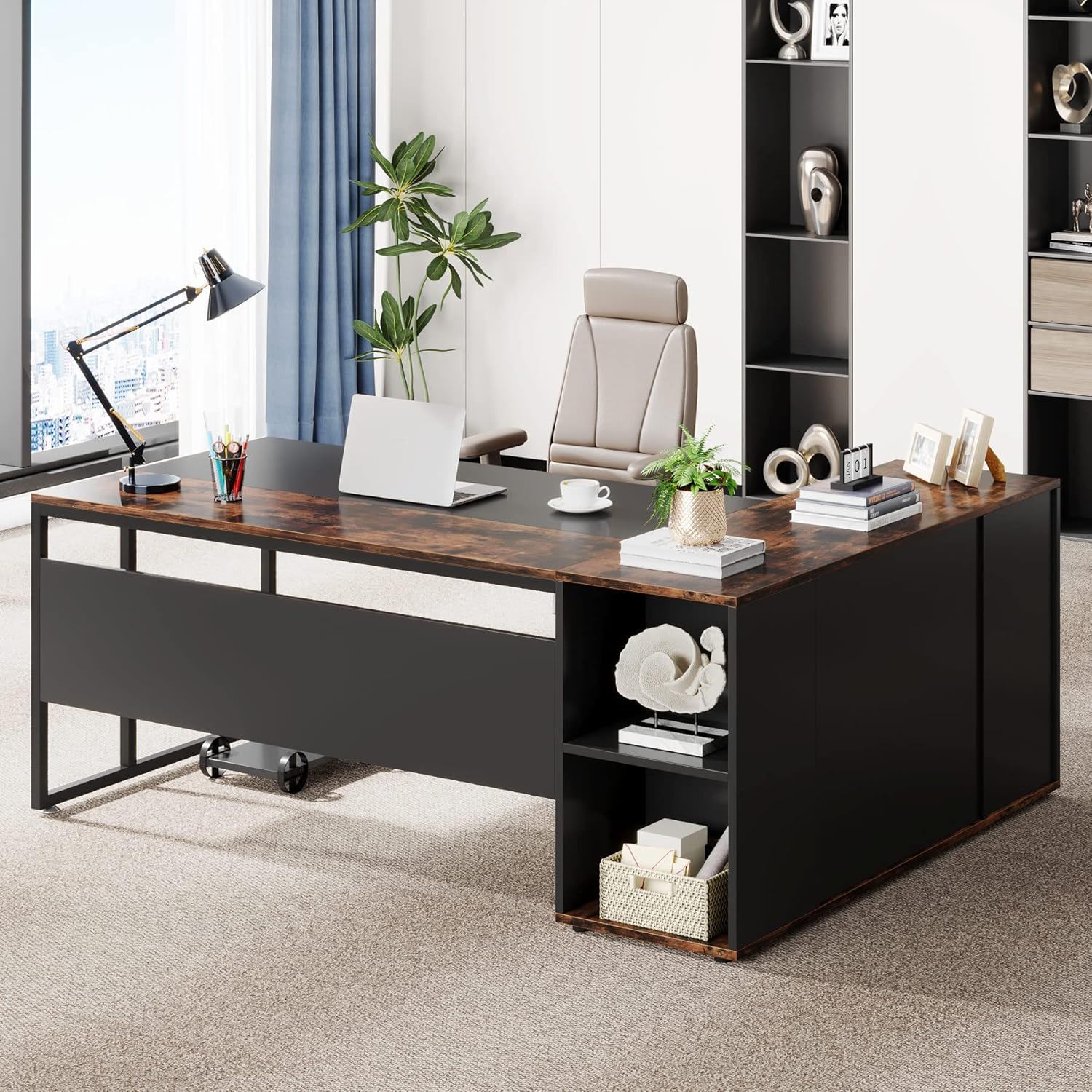 L-Shaped Executive Desk With Storage Cabinet & Shelves, Home Office Workstation With Cpu Stand And Printer Station - Brown / Black