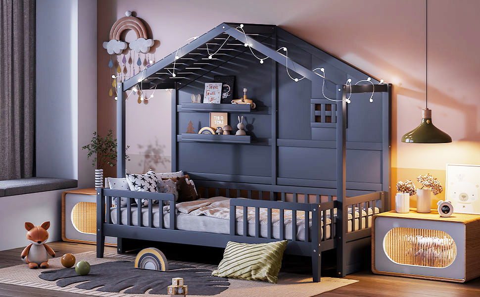 House Bed With Shelves, Window And Sparkling Light Strip On The Roof