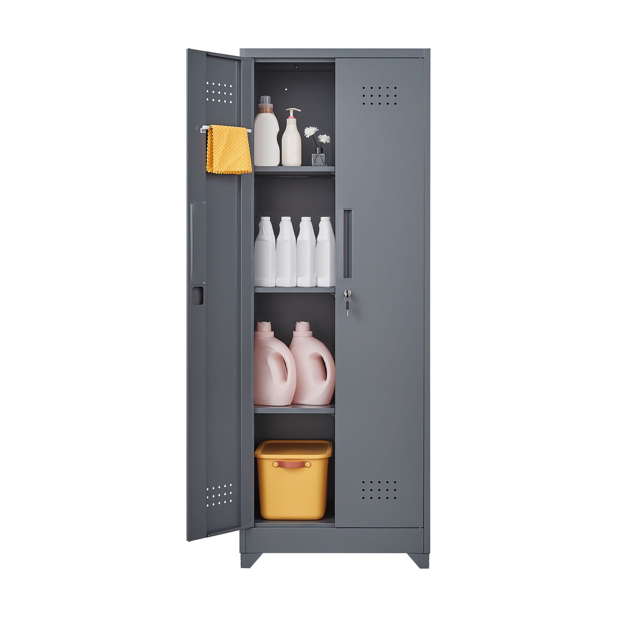 Heavy Duty Storage Cabinet With Locking Doors, Hanging Rod & Shelves, Broom Closet - Gray