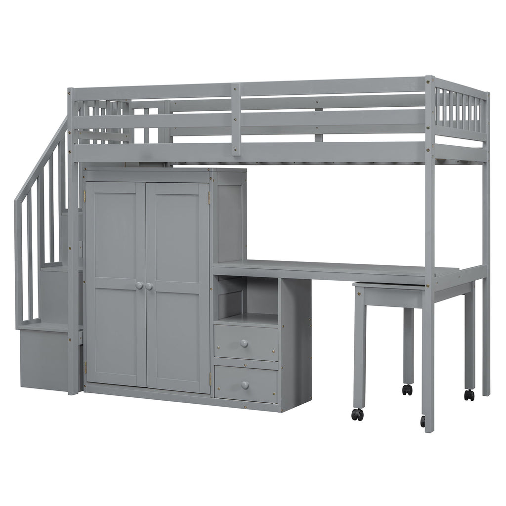 Loft Bed With Stairs, Bookshelf, Drawers, Desk & Wardrobe, Space Saving Multifunctional Furniture