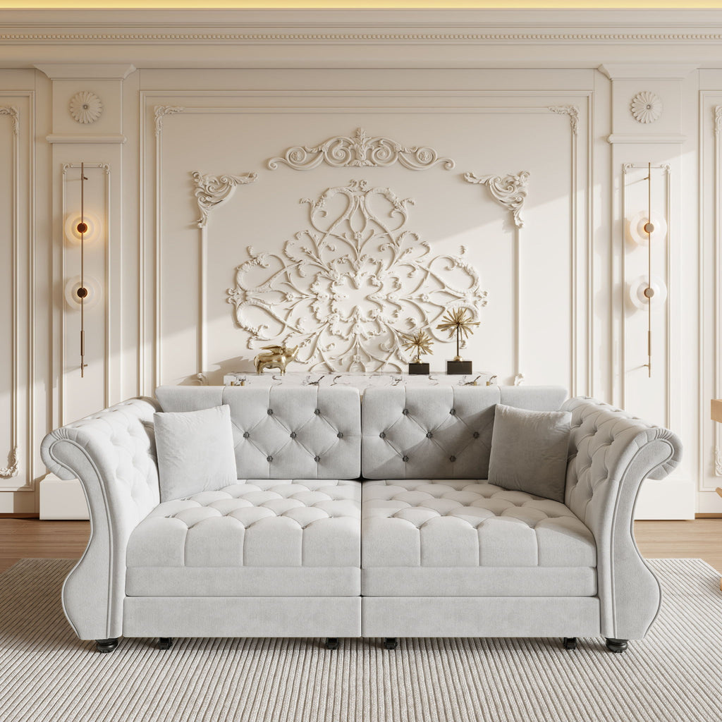 Oversized Chesterfield Pull Out Sofa Bed, Roll Arm Couch With Flower Tufting For Living Room