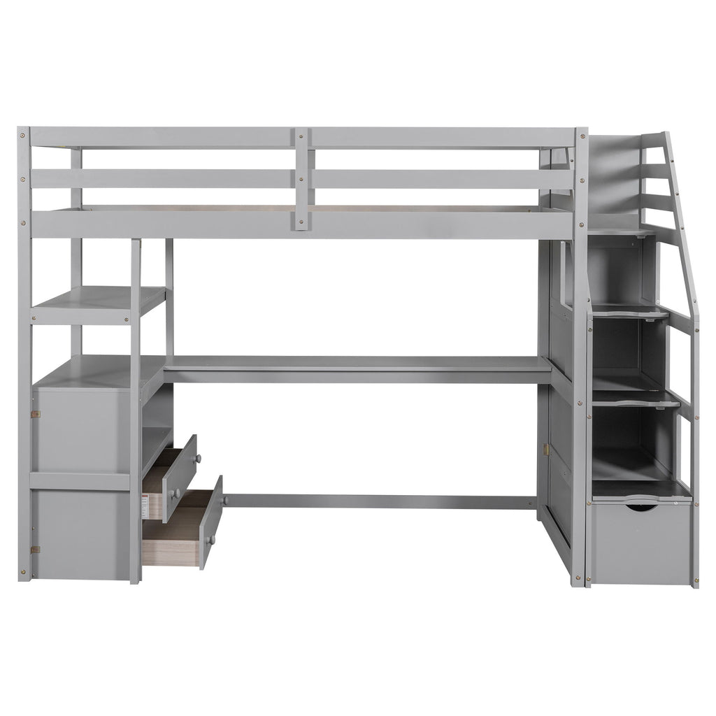 Loft Bed With Desk, Shelves, 2 Drawers, Storage Staircase