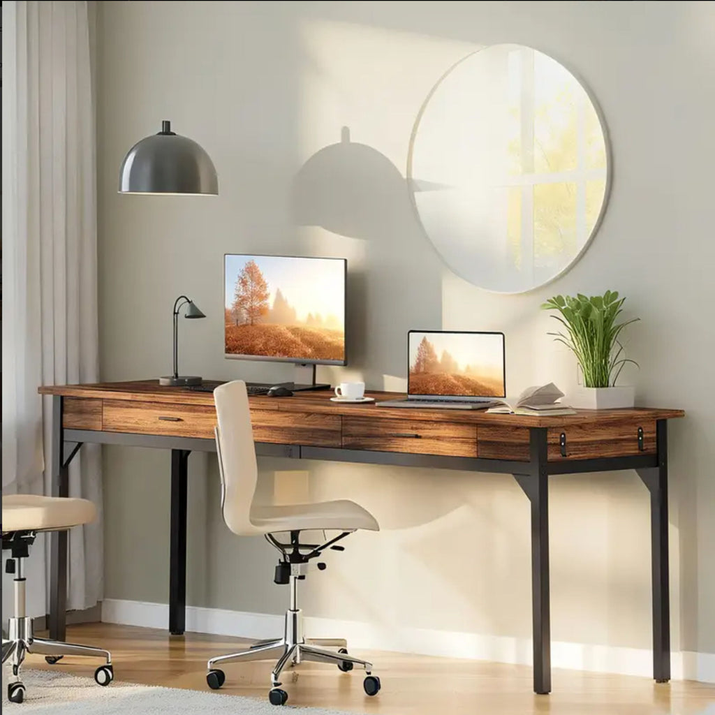 Double Office Desk For 2 With Frame, Long Workstation With 2 Drawers And Hooks - Brown / Black