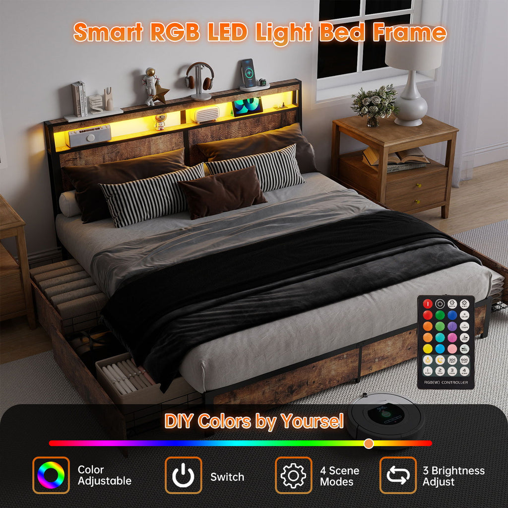 Bed Frame With Headboard, LED Lights & Charging Station