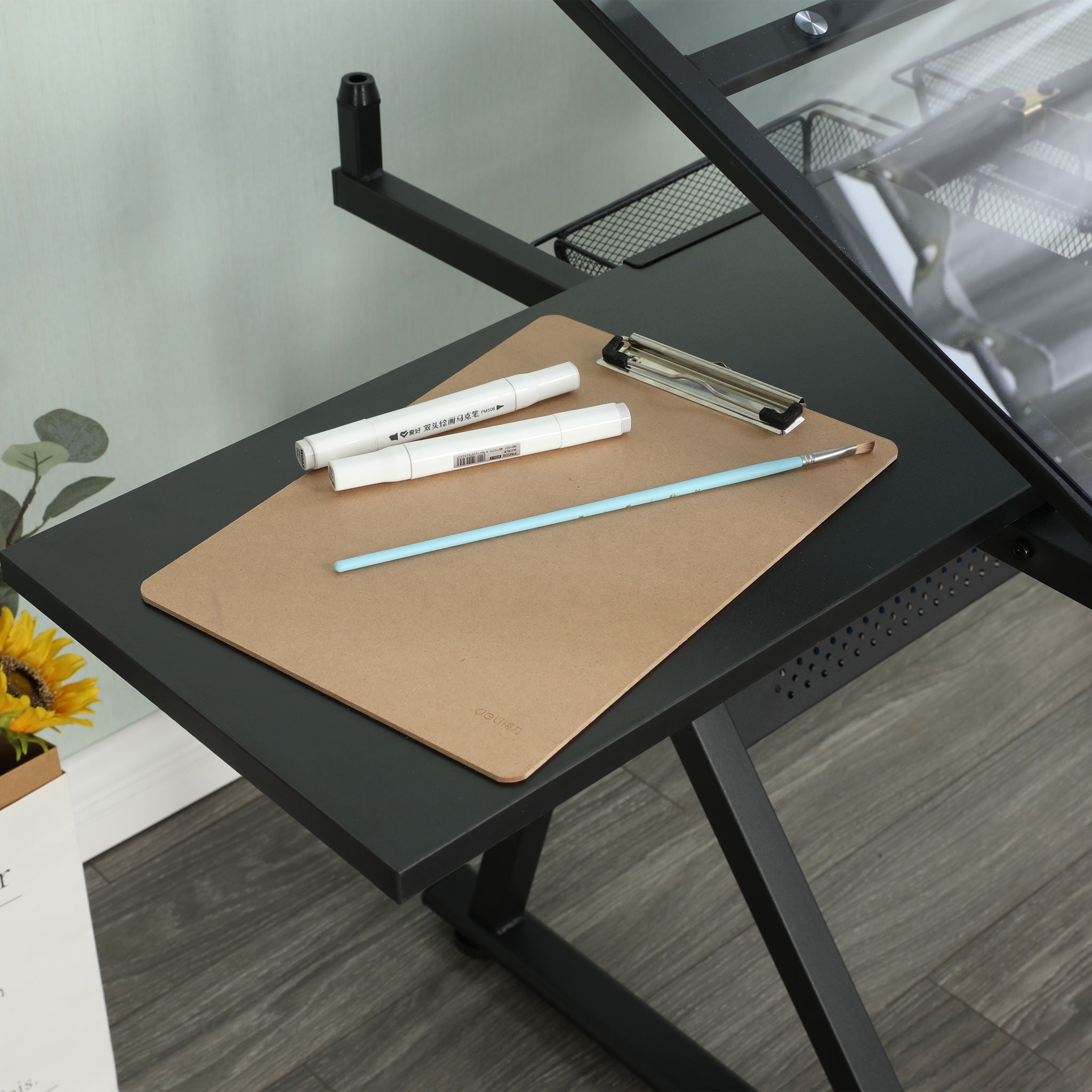 Adjustable Tempered Glass Drafting Printing Table With Chair