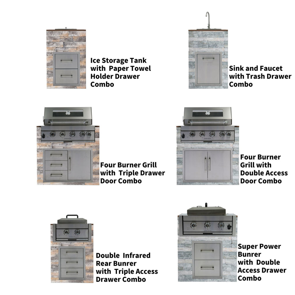 Built-In Outdoor Kitchen LPG Gas Grill 60000 Btu, Drop-In Ice Box With BBQ Tool Set - Silver