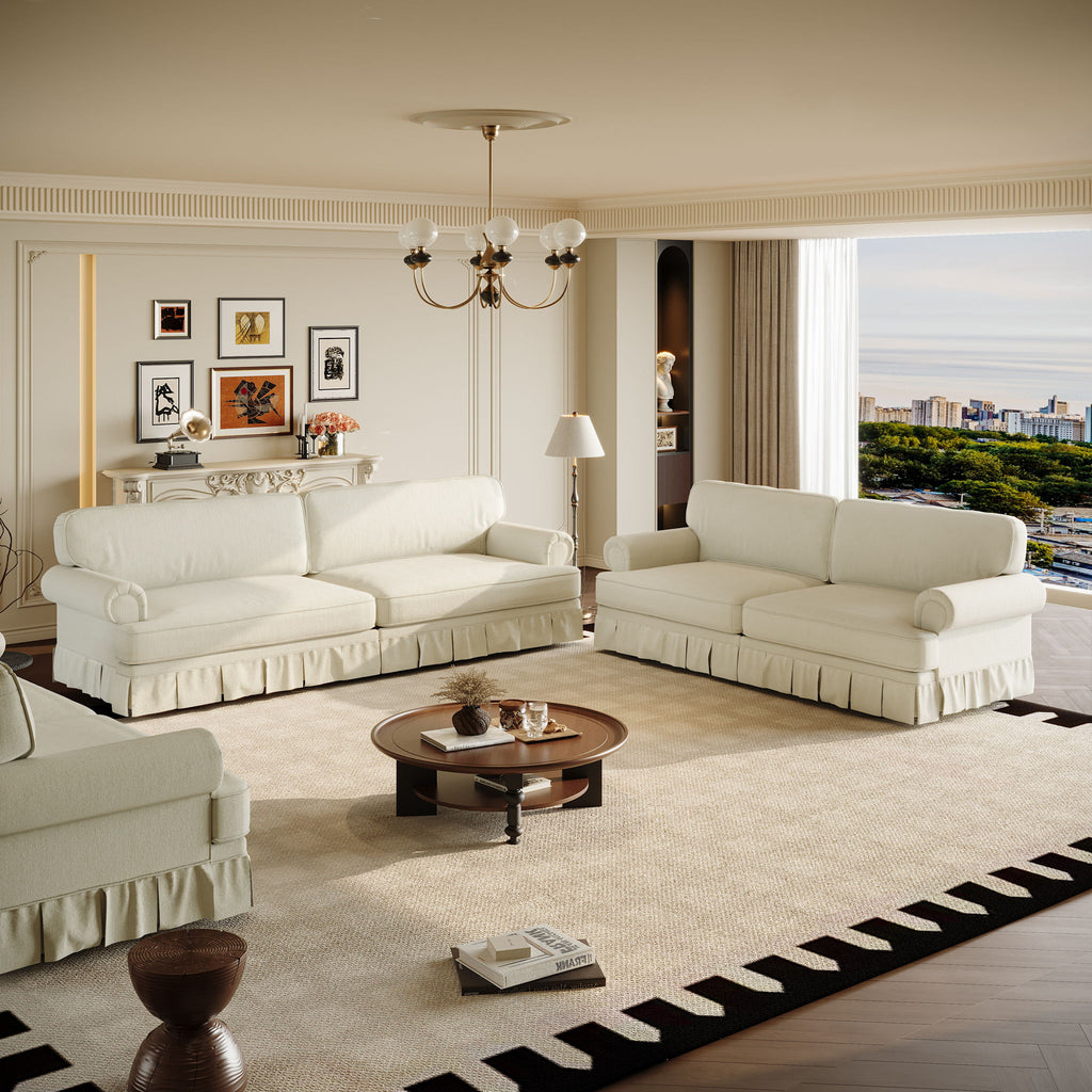 Luxuriously Comfortable Cloud Couch Sofa With Elegant Rolled Arms & Pleated Skirt Design