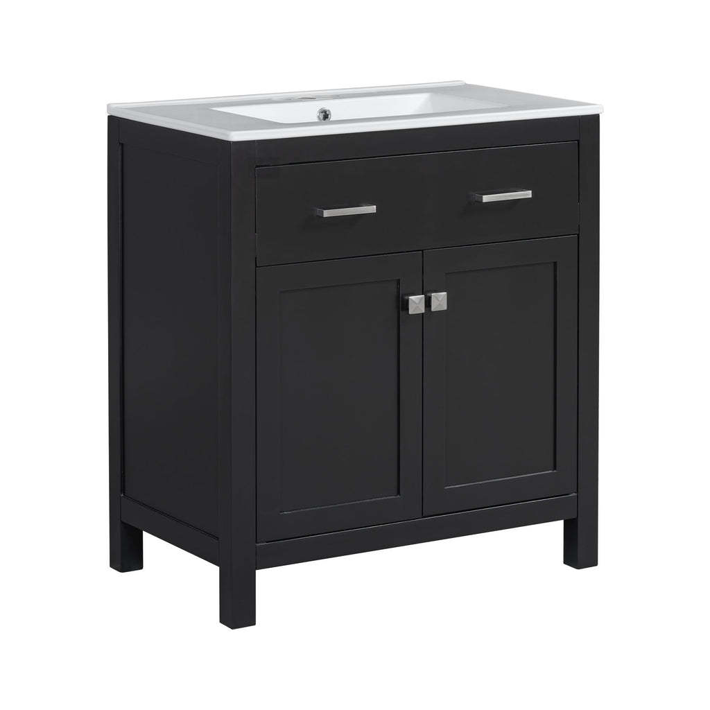 Bathroom Vanity With Ceramic Sink, Modern Single Bathroom Cabinet With 2 Doors And A Shelf, Soft Close Doors