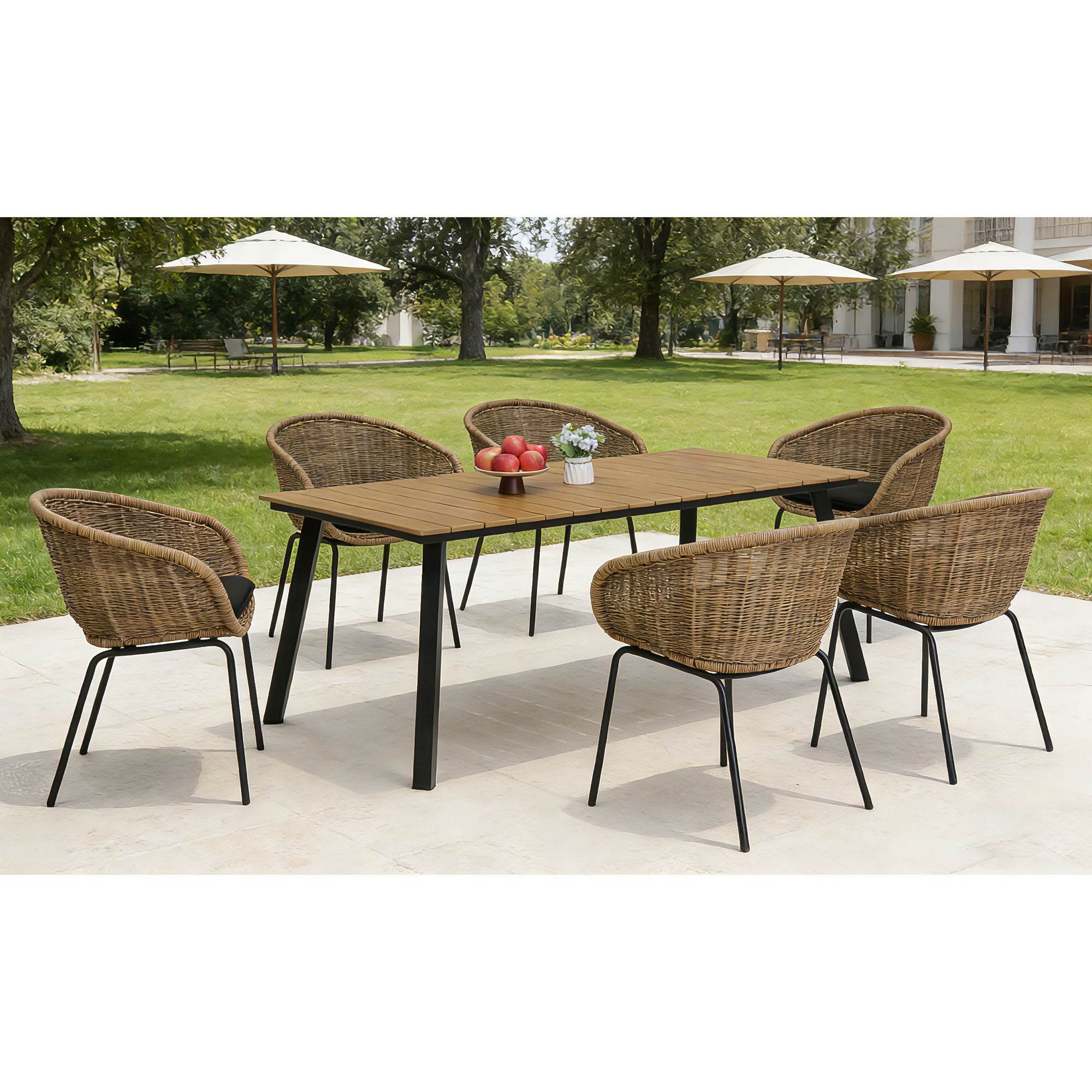 7 Piece Outdoor Patio Dining Set For 6, Conversation Set With Table & 6 Armchairs - Purple Pink Flower / Yellow