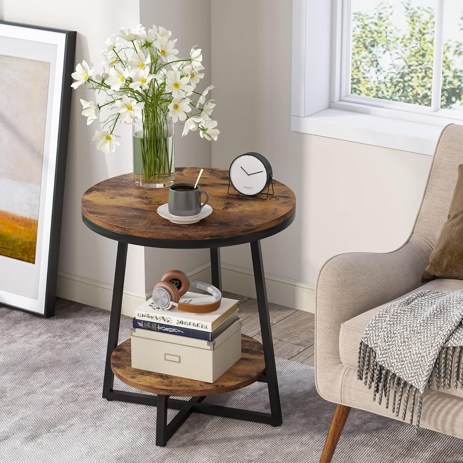Round End Table With Hairpin Legs, 2 Tier For Living Room - Rustic Brown