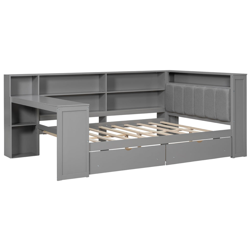 Platform Bed With Upholstered Headboard, Storage Shelves, Drawers, Charging Station, LED Lighting, Built In Desk