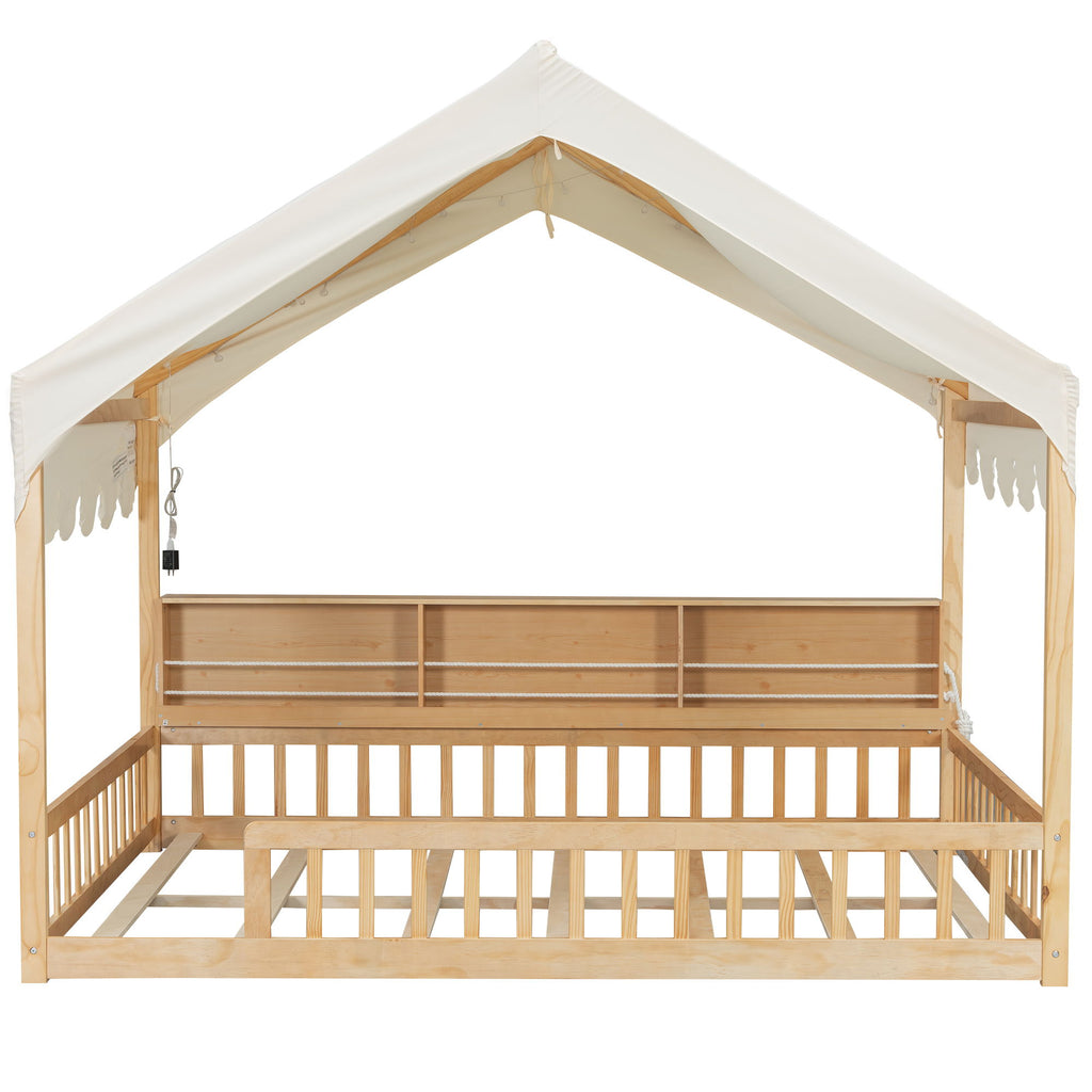 House Shaped Floor Bed With Fense, 3 Storage Bookshelves, Curtain And LED Light
