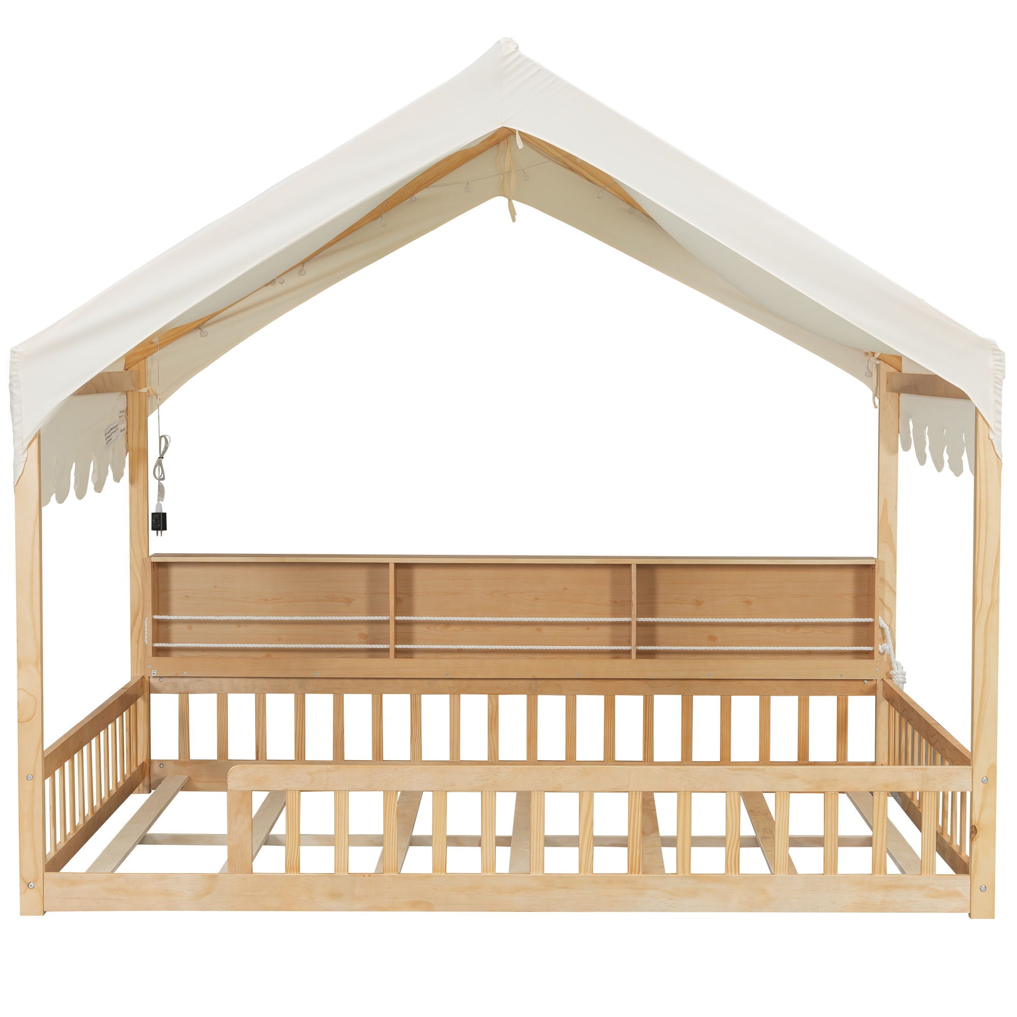 House Shaped Floor Bed With Fense, 3 Storage Bookshelves, Curtain And LED Light