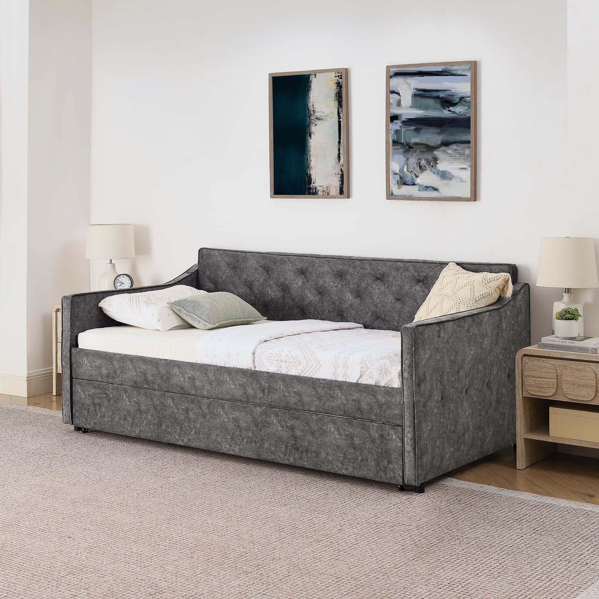 Daybed With Pop Up Trundle And USB Charging Armrest