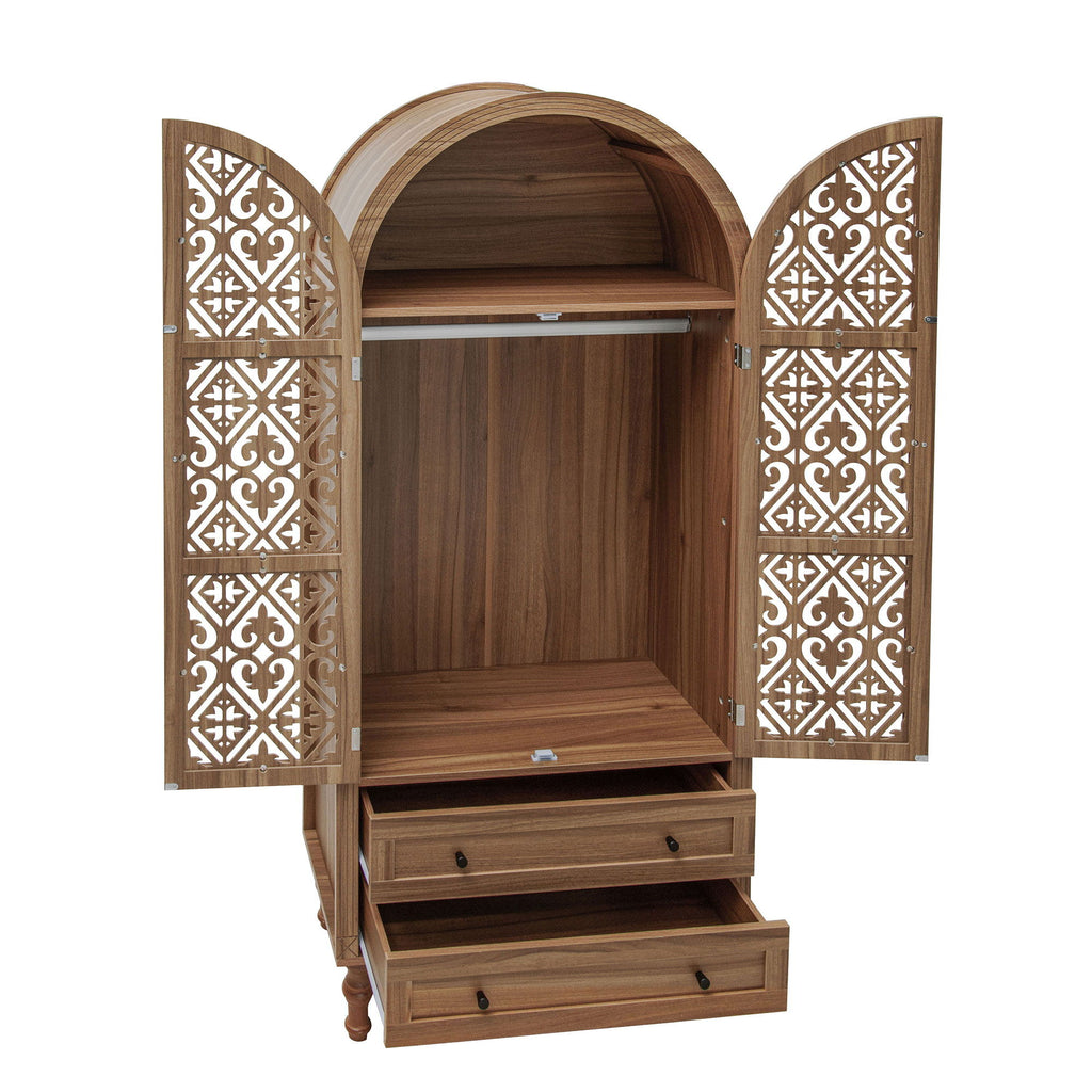 Tall Kitchen Pantry Cabinet With Hollow Carved Doors 2 Drawers And Adjustable Shelves Storage Display Cabinet For Kitchen Dining Room Or Living Room - Walnut