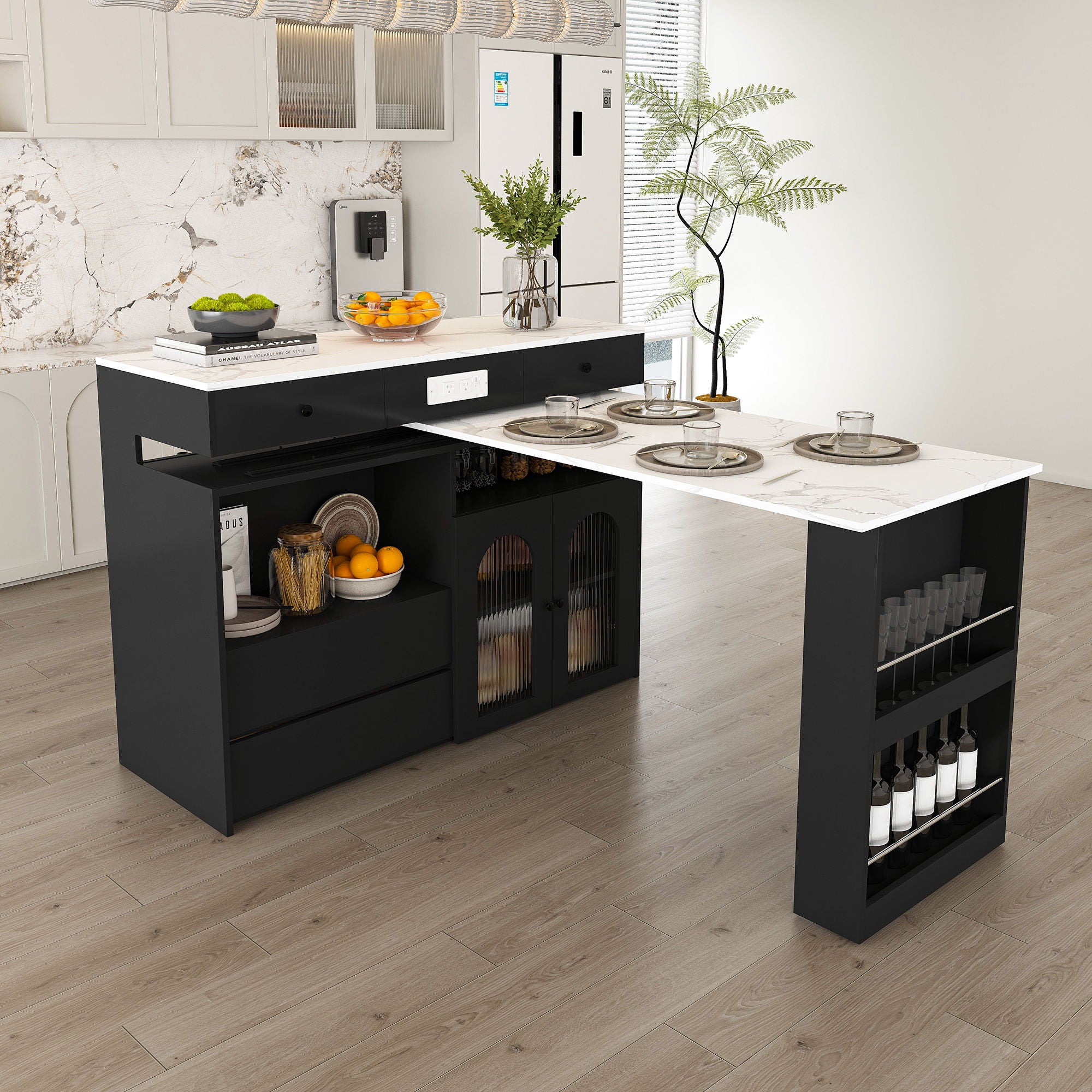 Retro Kitchen Island Set With Chairs, Extendable & Rotating Table, 4 Drawers & Door Cabinets