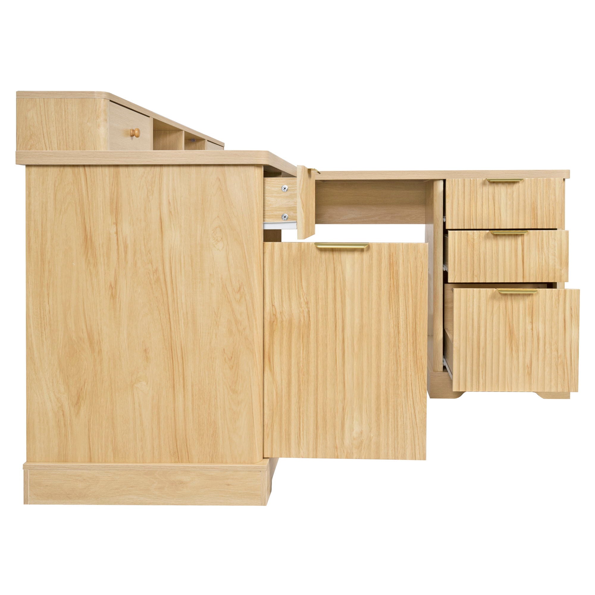 Fluted L-Shaped Desk With Charging Station & Storage Cabinet