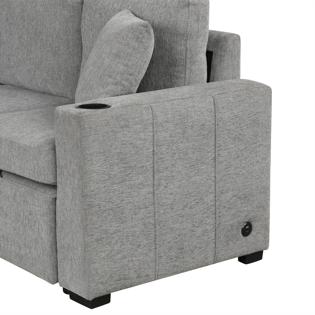 Sectional Sofa Convertible Pull-Out Bed With Storage Ottoman & USB Ports