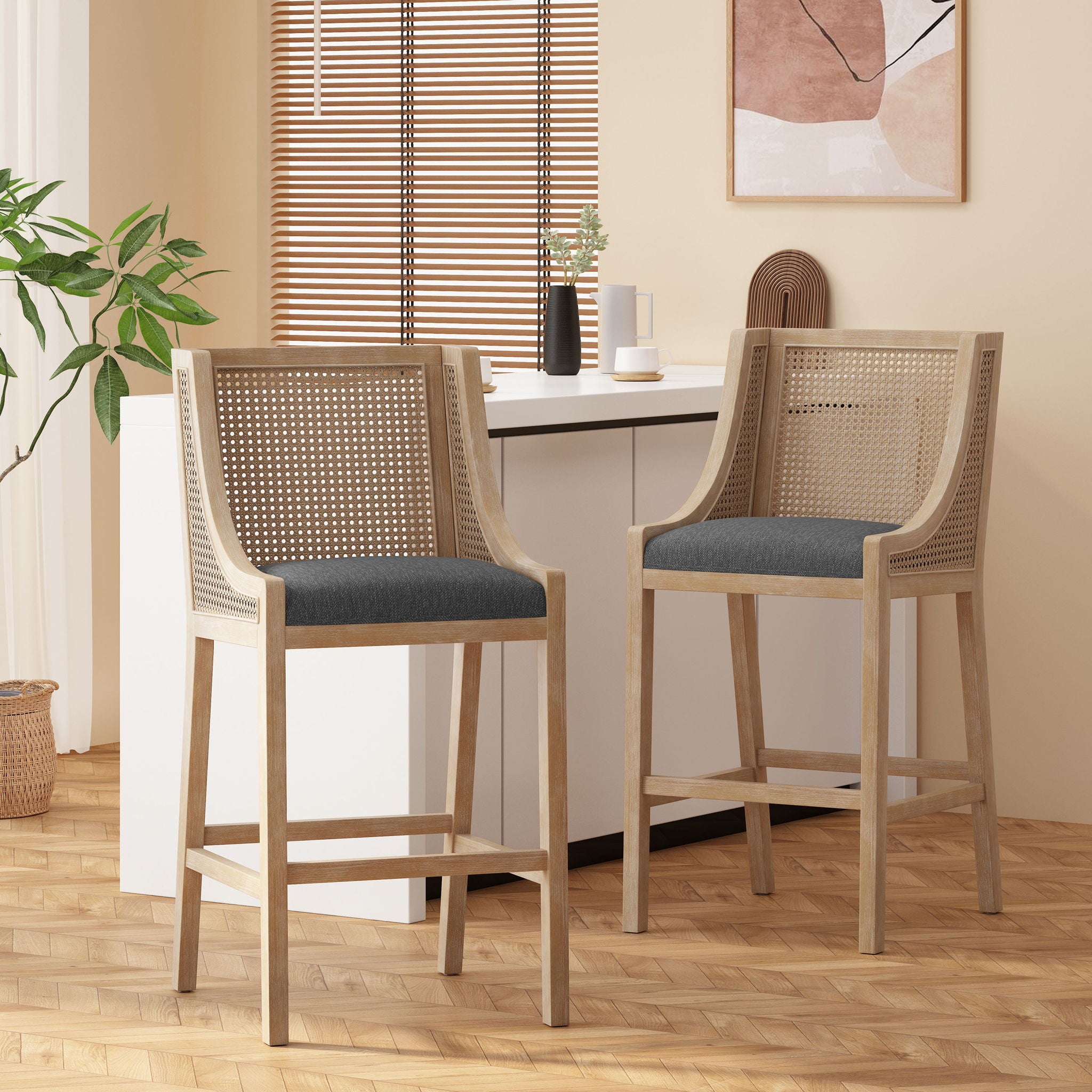 Celestiality - Upholstered Barstool With Cane Webbing Backrest (Set of 2)
