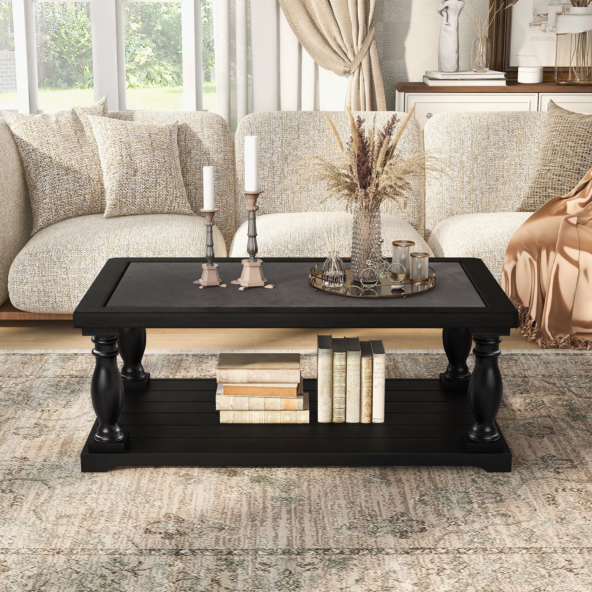 Farmhouse Rectangular Coffee Table With 2 Tiers