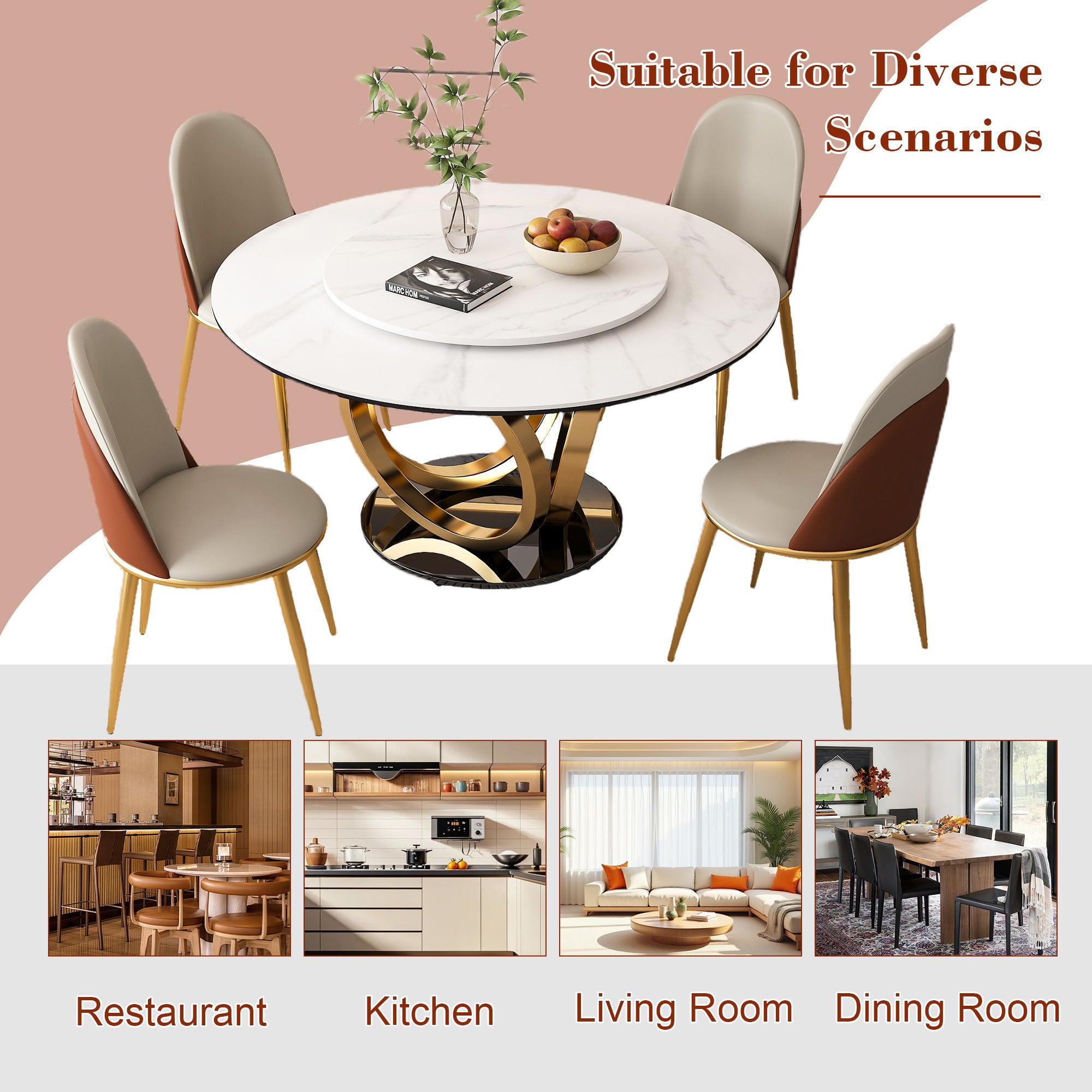Round Dining Table With 360° Smooth Lazy Susan For Dining Room - Gold / Black / White