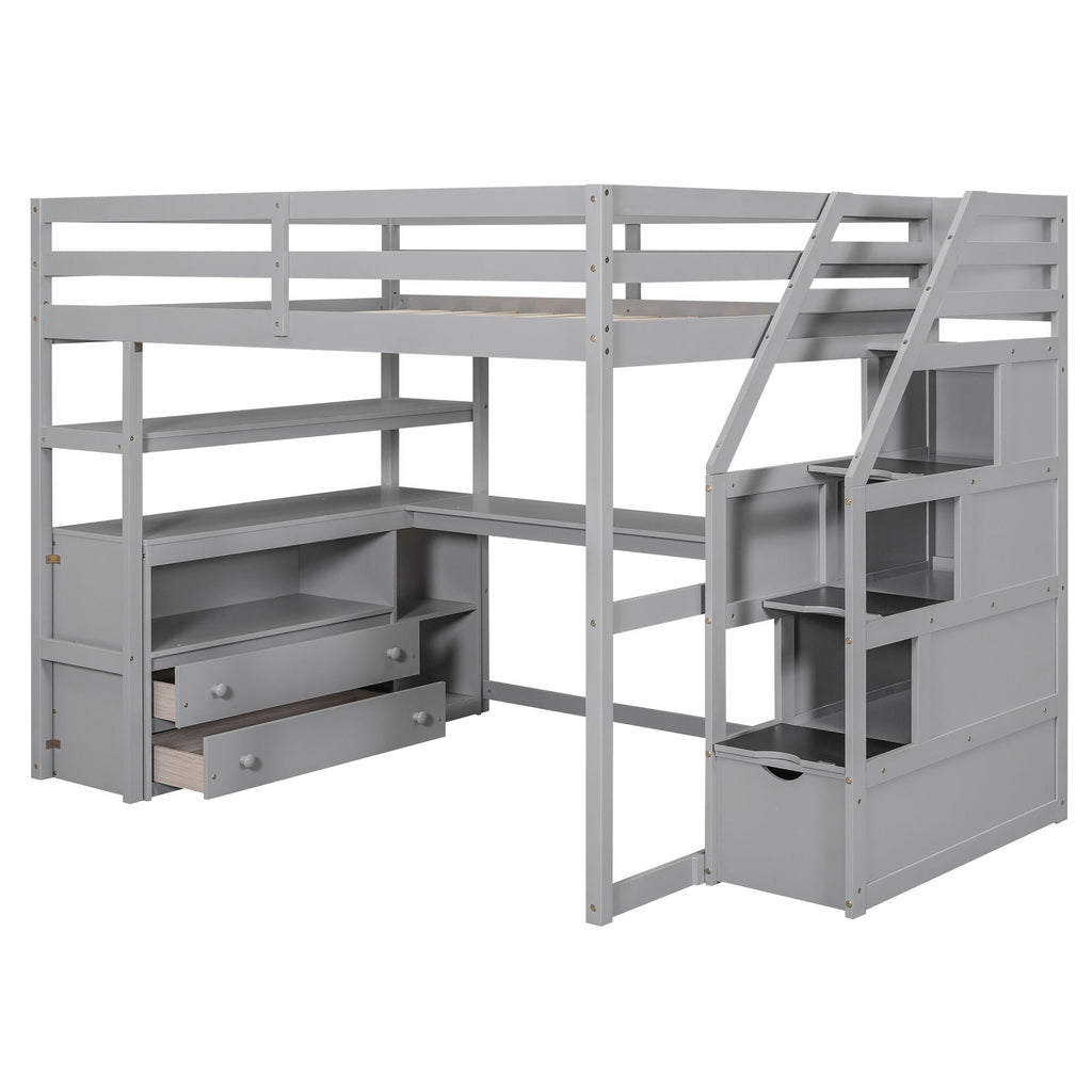 Loft Bed With Desk, Shelves, 2 Drawers, Storage Staircase