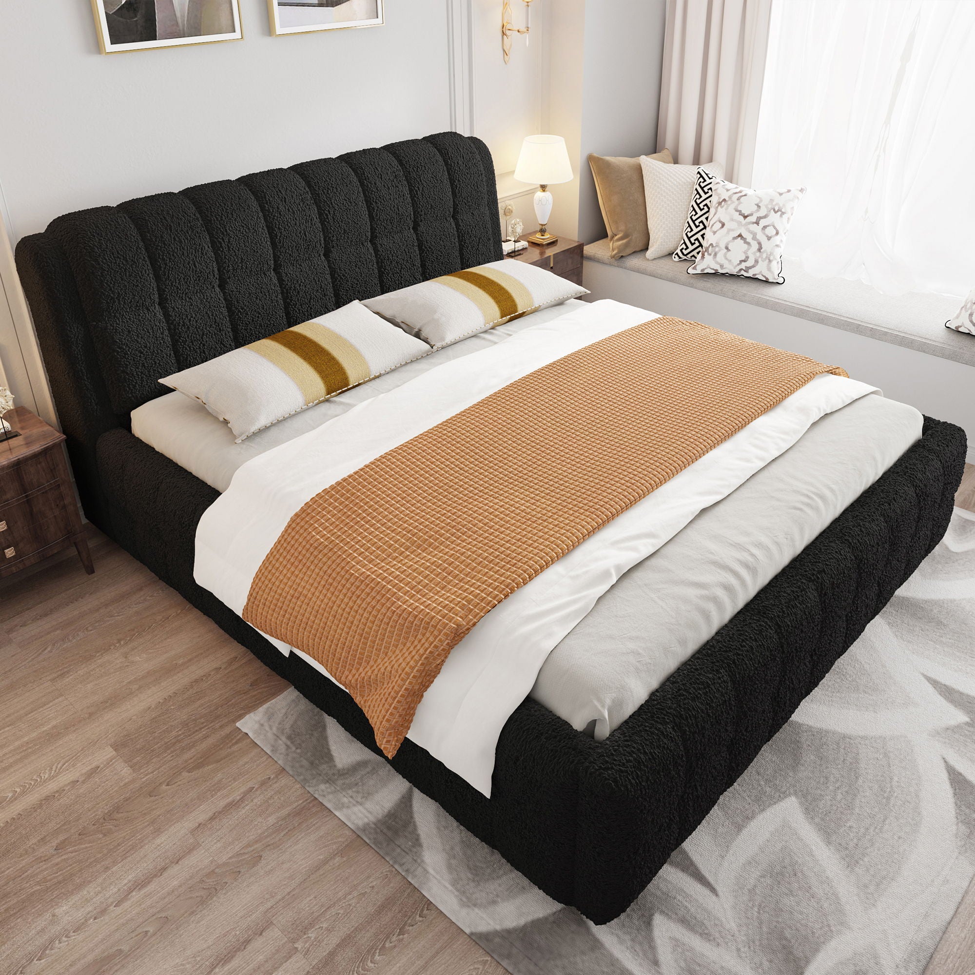 Upholstered Platform Bed With Stiching Details
