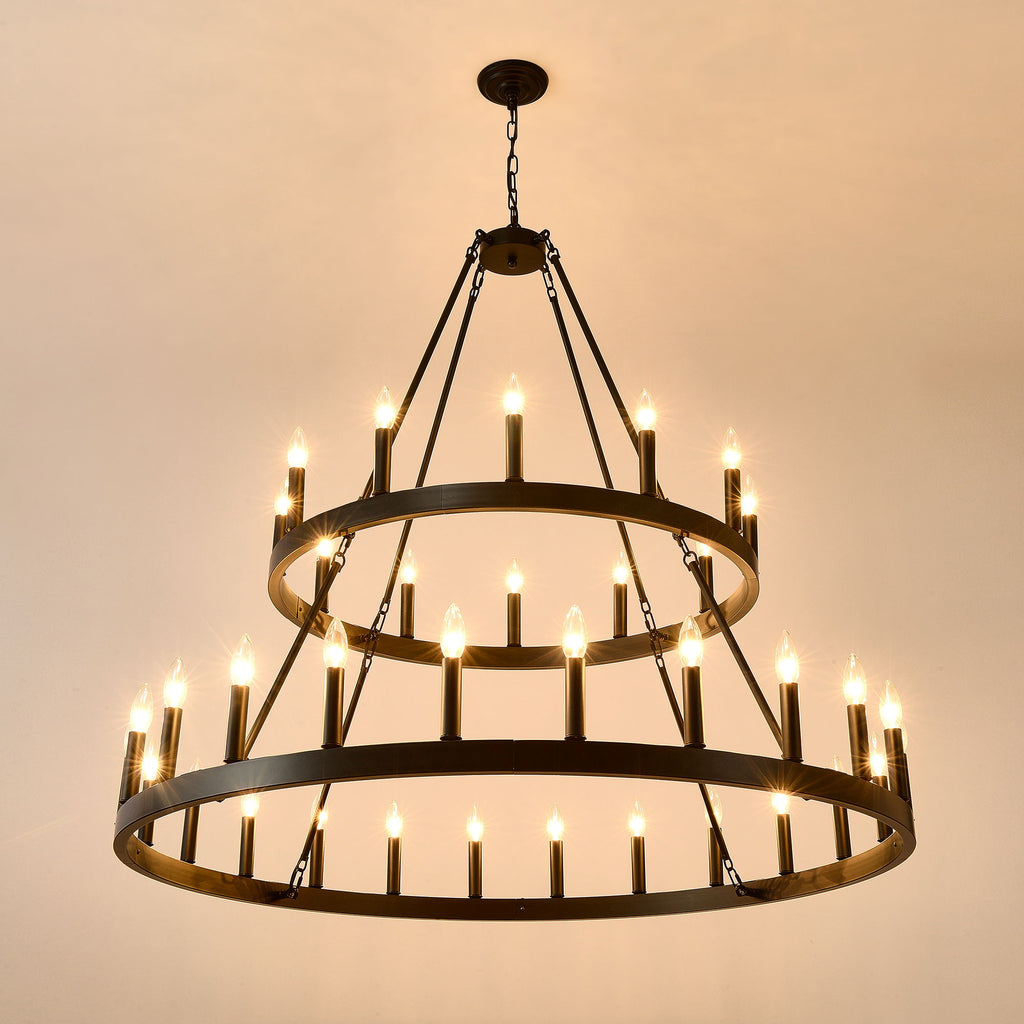 2 Tiers Wagon Wheel Chandelier Wooden Farmhouse 36 Light (24 / 12) Or (12 / 24) Metal Chandeliers 2 Story Light Fixtures Industrial For High Ceiling Living Dining Room Foyer, Adjustable Height - Black
