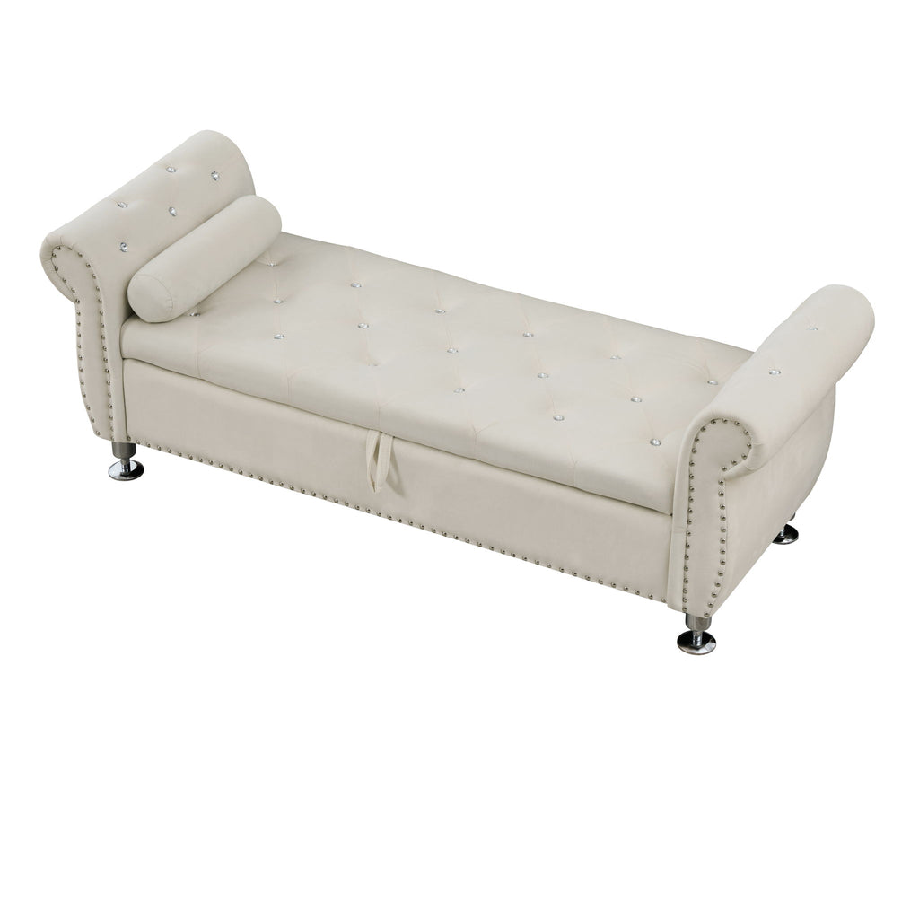 Storage Bench With Crystal Buttons And 1 Pillow For Bedroom