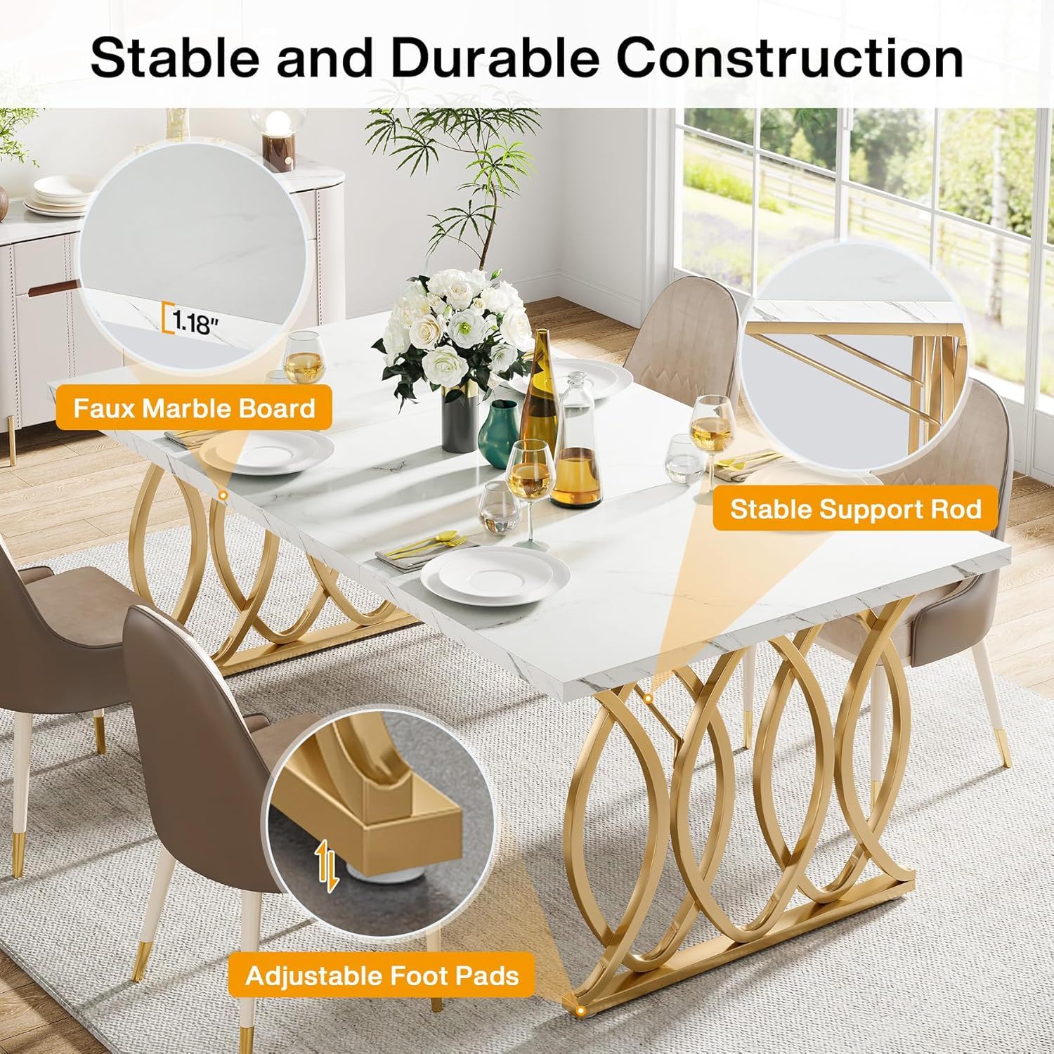 Large Rectangular Dining Table Kitchen Table With Geometric Legs - White / Gold