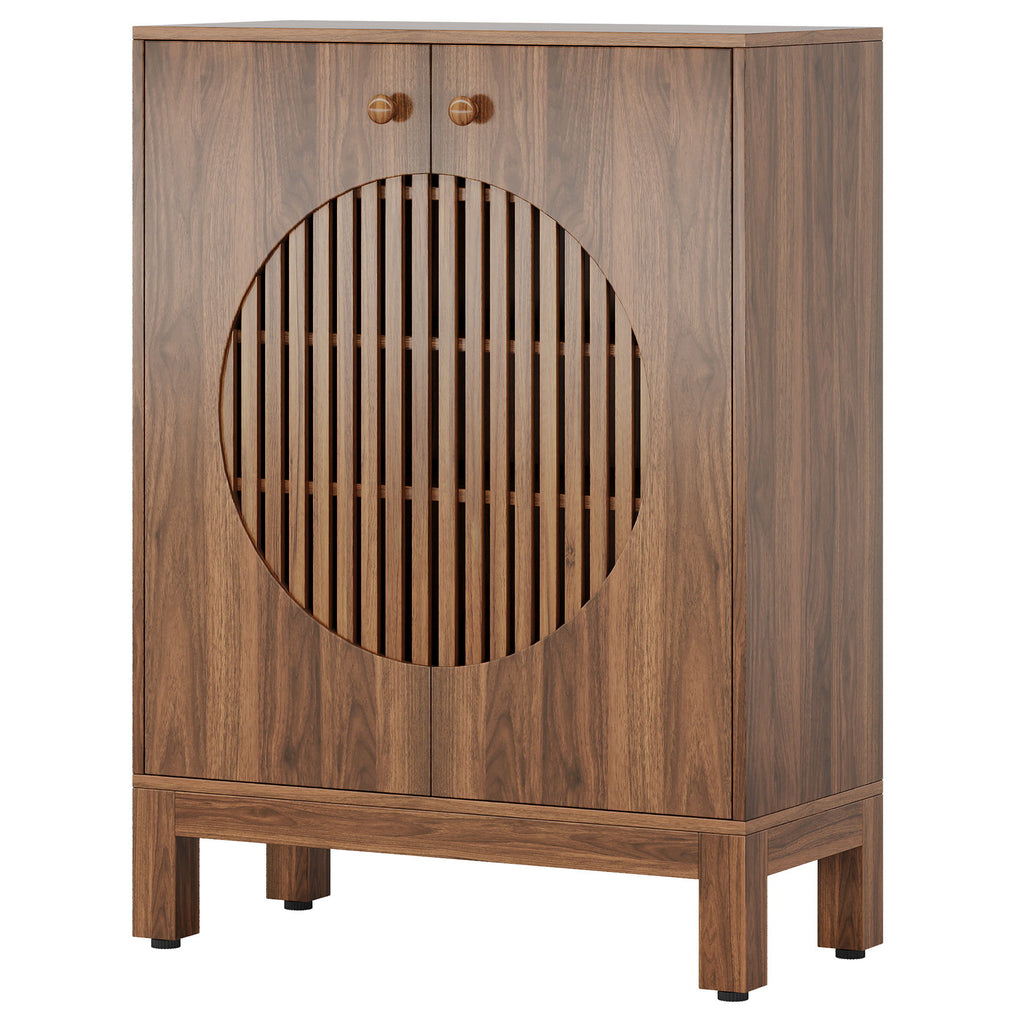 5 Tier Shoe Cabinet With Round Louvered Doors, Storage Organizer - Brown