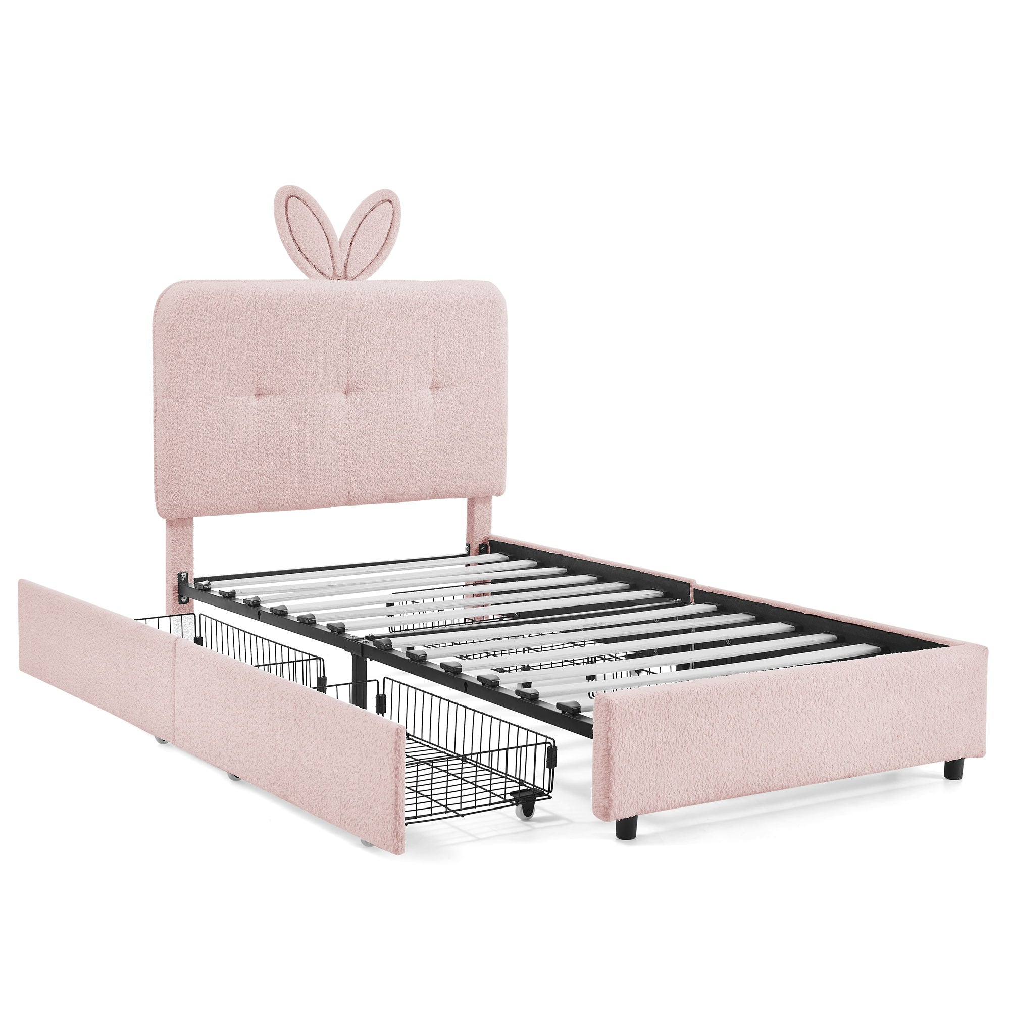 Upholstered Bed With Oversized Rabbit Ear Headboard, LED Lights & 4 Storage Drawers