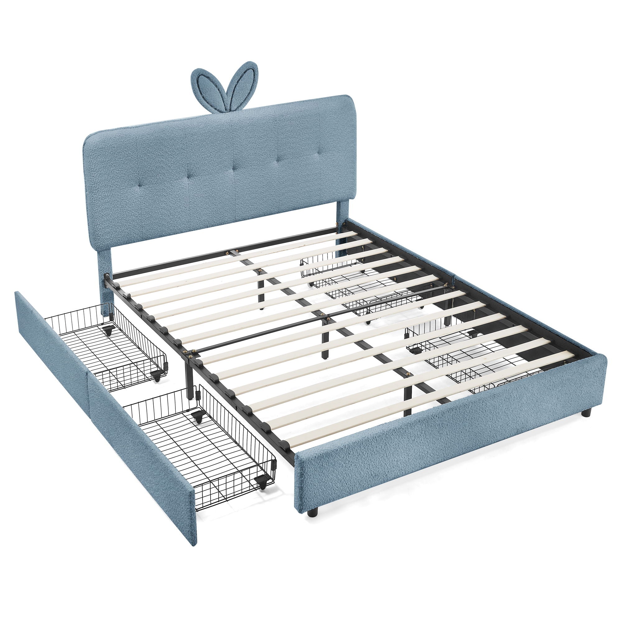 Upholstered Bed With Oversized Rabbit Ear Headboard, LED Lights & 4 Storage Drawers