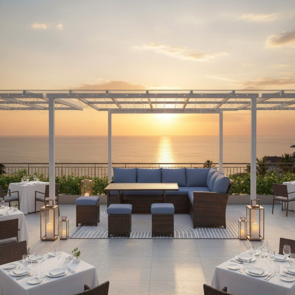 7 Piece Patio Dining Set With Cushions, Modular Sectional Sofa & Storage Table