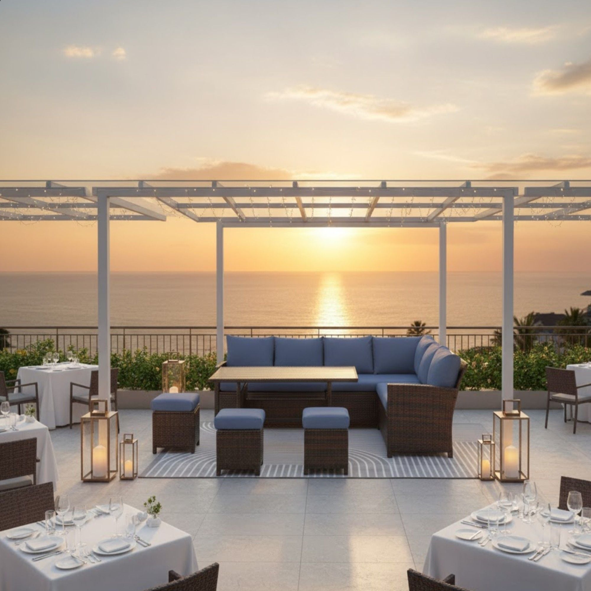 7 Piece Patio Dining Set With Cushions, Modular Sectional Sofa & Storage Table