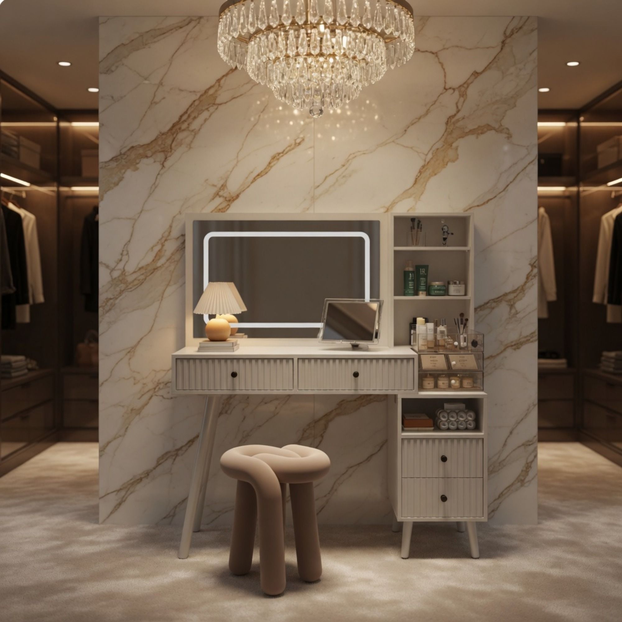 Fluted Vanity Desk With Lighted Mirror & Outlet 4 Drawer, Makeup Table - White