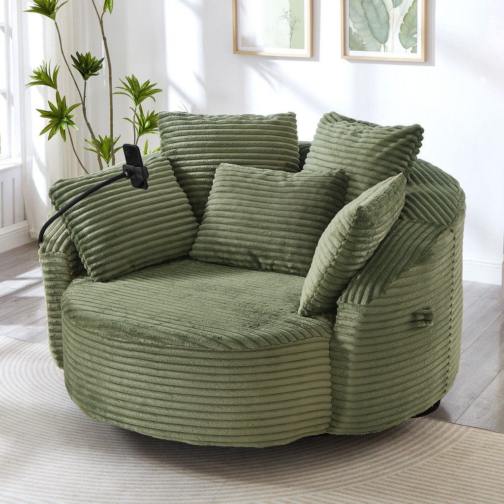 Swivel Accent Barrel Chair With Adjustable Phone Holder, 5 Pillows For Living Room