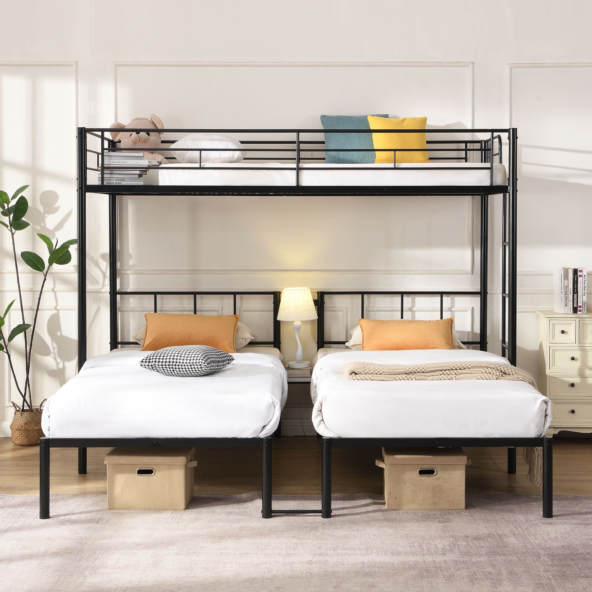 Twin Over Twin Over Twin Triple Bunk Bed With Safety Rails And Storage Shelf - Black