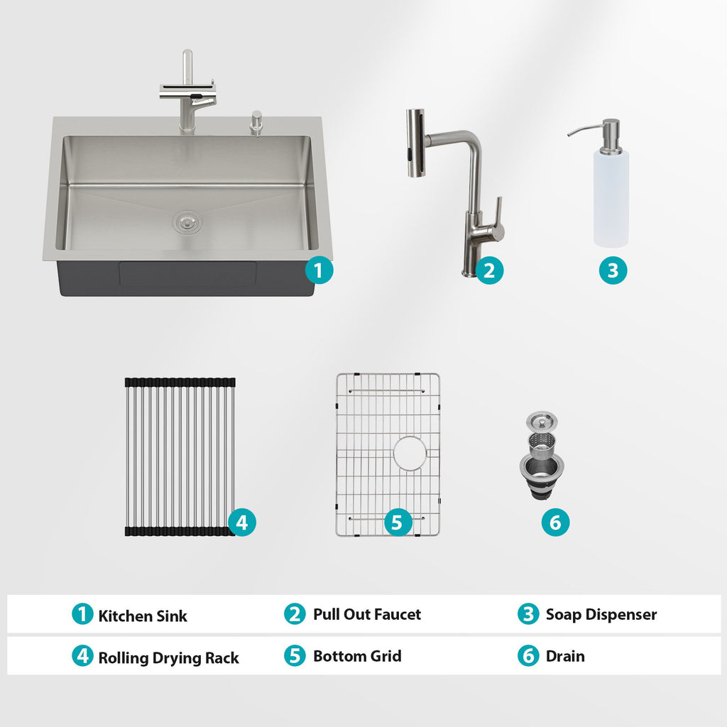 Drop-In Kitchen Sink With Pull-Out Faucet And Soap Dispenser
