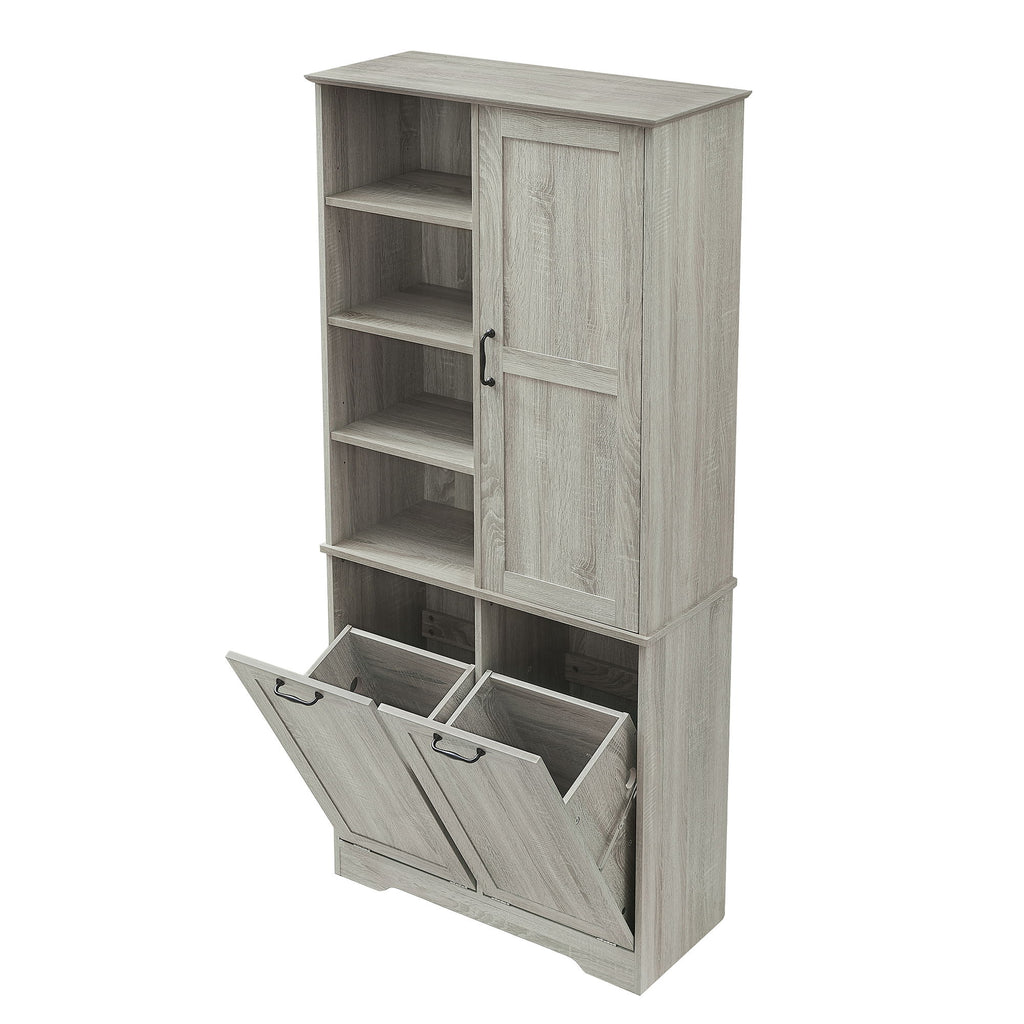 Freestanding Storage Cabinet With Doors, Tilt Out Drawers, Adjustable Shelves, Open Shelf, Bathroom & Laundry Room Organizer - Oak