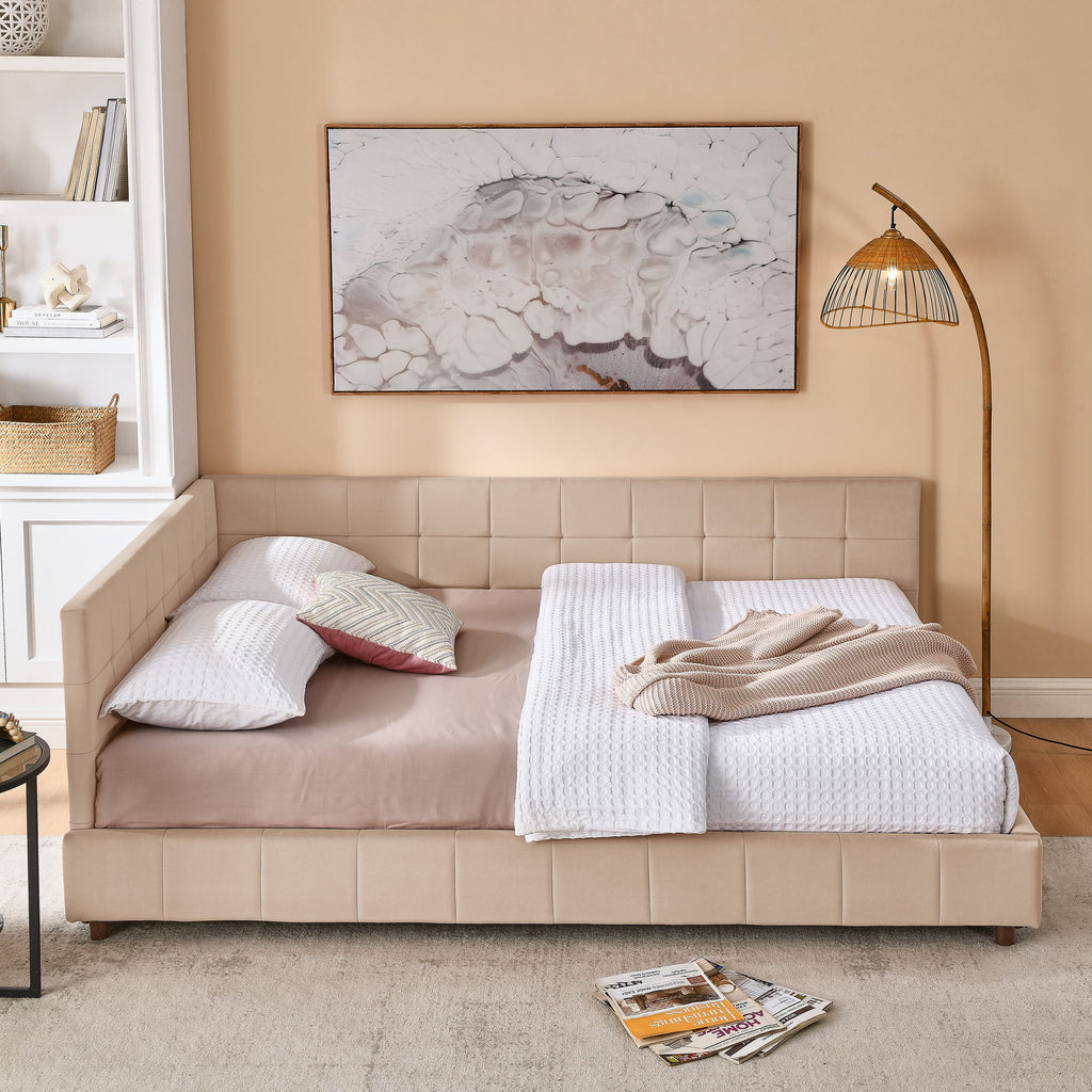 Mid-Century Storage Upholstered Tufted Bed Frame With Backrest And Armrests