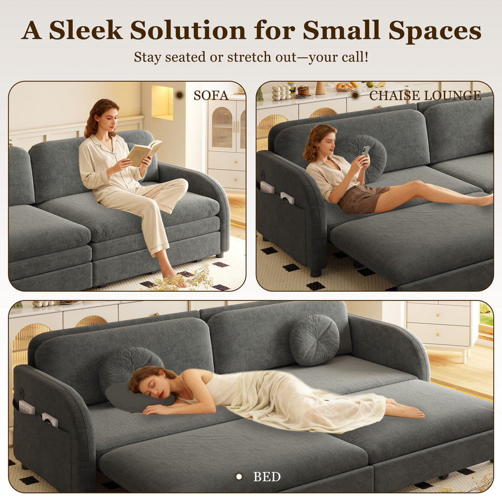 Upholstered Pull Out Couch With Side Pocket & USB Port