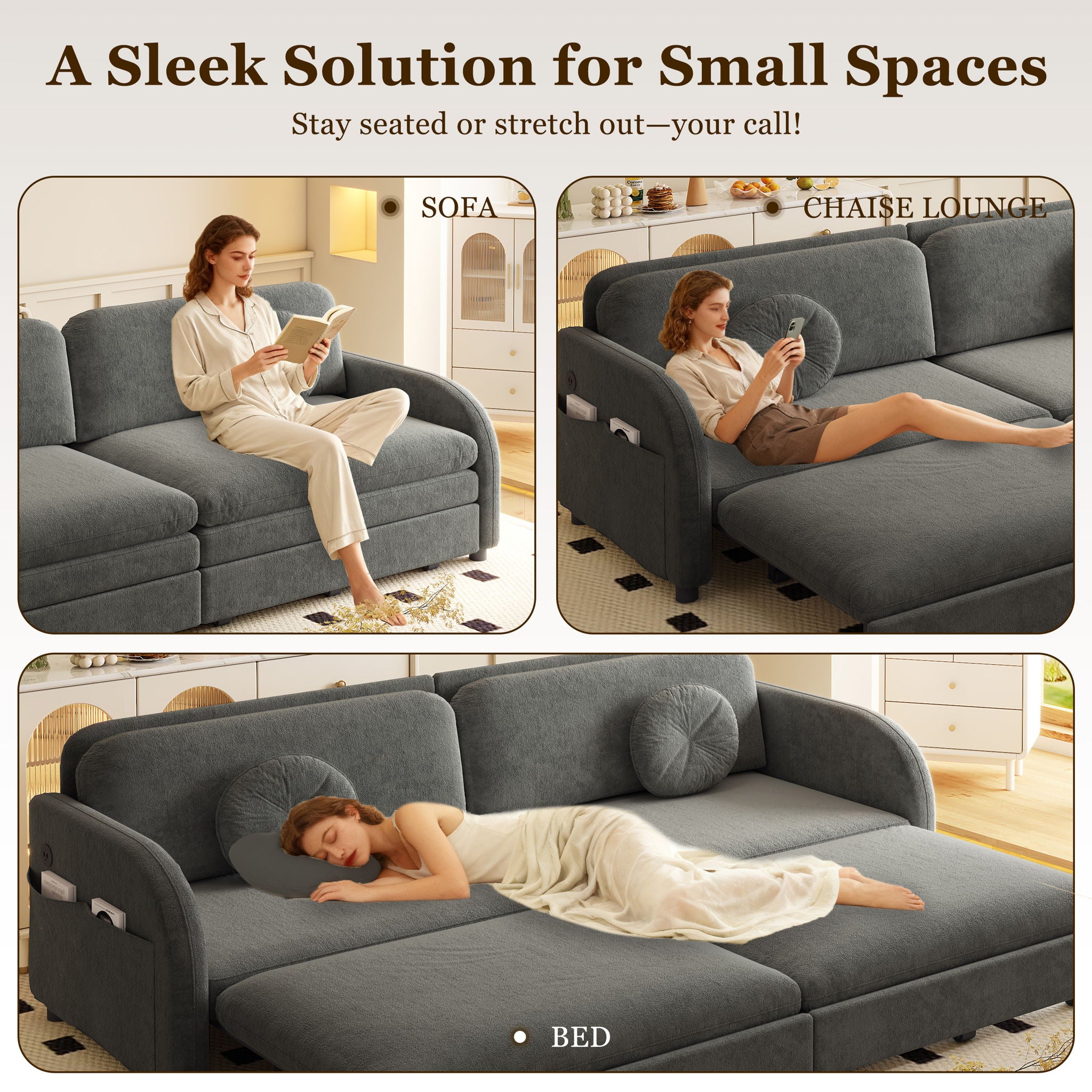 Upholstered Pull Out Couch With Side Pocket & USB Port
